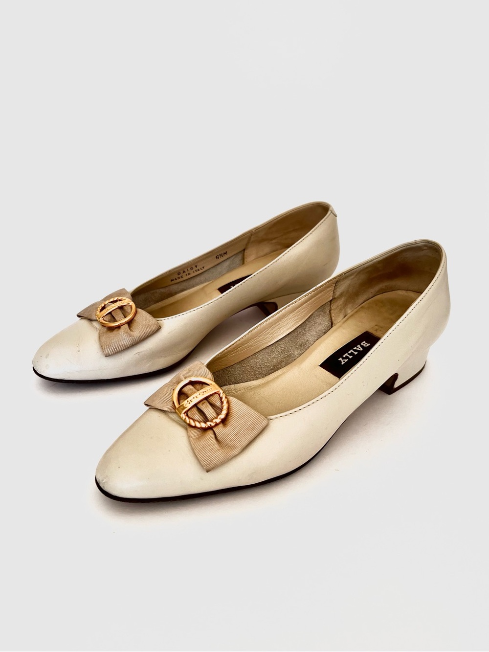 Bally Switzerland Daisy Ivory Leather Block Heel Loafers with Bow & Gold Buckle